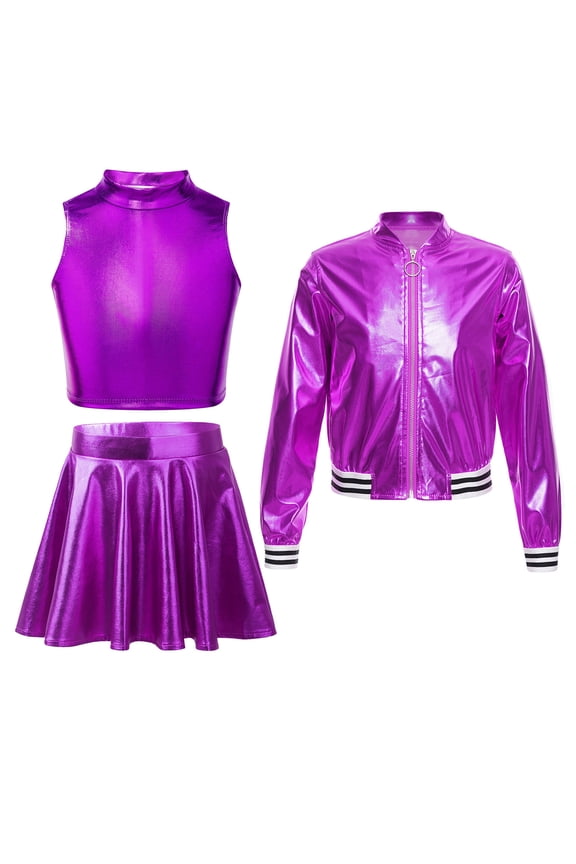 Girls Kids Shiny Metallic Jacket Crop Top with Skirt Set Ballet Cheerleading Dancewear Performance Costume Purple 8