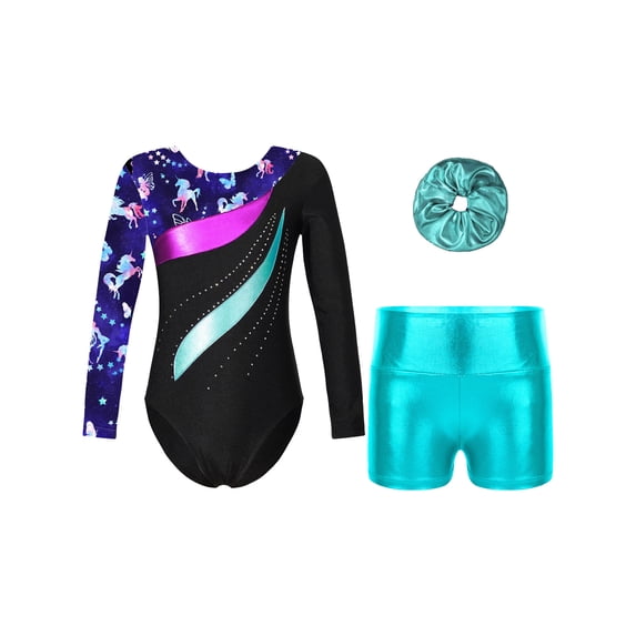 iixpin Girls Long Sleeve Gymnastics Leotard Printed Dance Bodysuit with Bottom Shorts Set for Kids Ballet Dancewear Blue Green 6