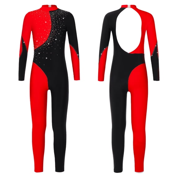iixpin Girls' Long Sleeve Unitard Full Length Jumpsuit One Piece Bodysuits Gymnastics Ballet Dance Leotard Black&Red 14
