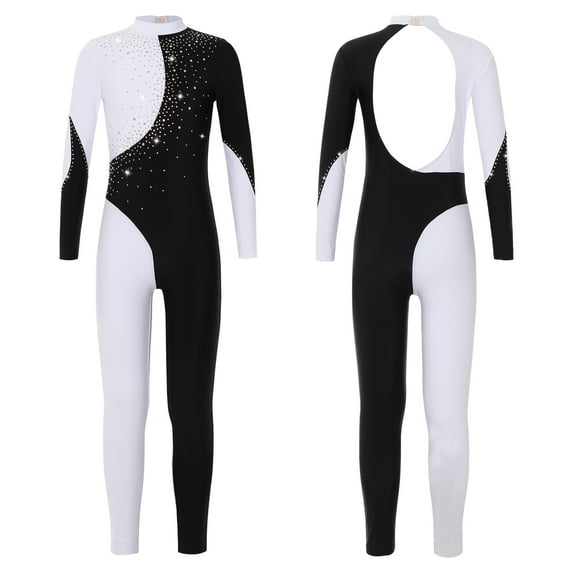 iixpin Girls' Long Sleeve Unitard Full Length Jumpsuit One Piece Bodysuits Gymnastics Ballet Dance Leotard Black&White 12