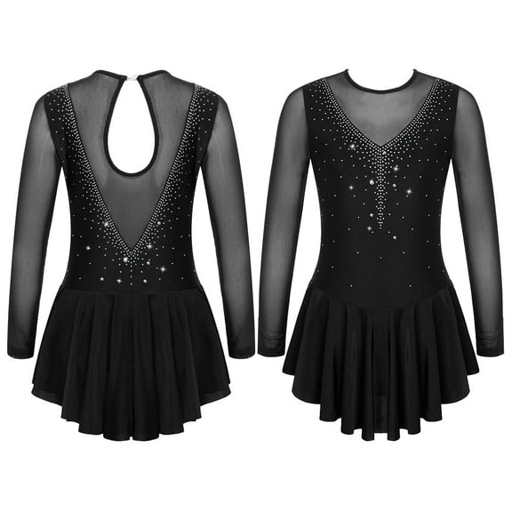 iixpin Girls Long Sleeves Figure Ice Skating Dress Kids Leotard Roller Skating Sheer Mesh Ballet Dance Dress Black 8