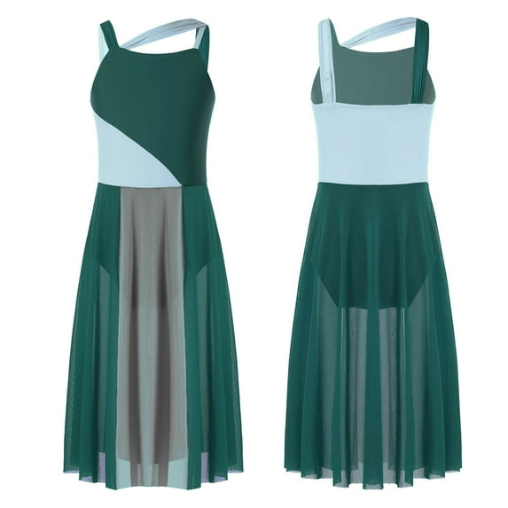 iixpin Girls Lyrical Contemporary Ballet Dance Dress Sleeveless Color Patchwork Gymnastic Leotard Skirt Dance Costume Dark Green 16