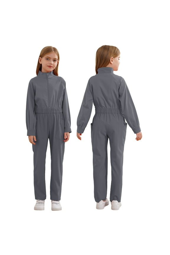 Girls Mechanic Boiler Suit Stand Collar Jumpsuit with Pockets One Piece Romper Coverall Casual Dungarees Gray 6