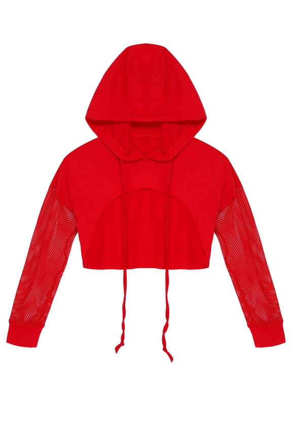 Girls Mesh Hooded Crop Top Dance Wrap Cover Athletic Sweatshirts for Modern Jazz Hiphop Street Dance Red 16