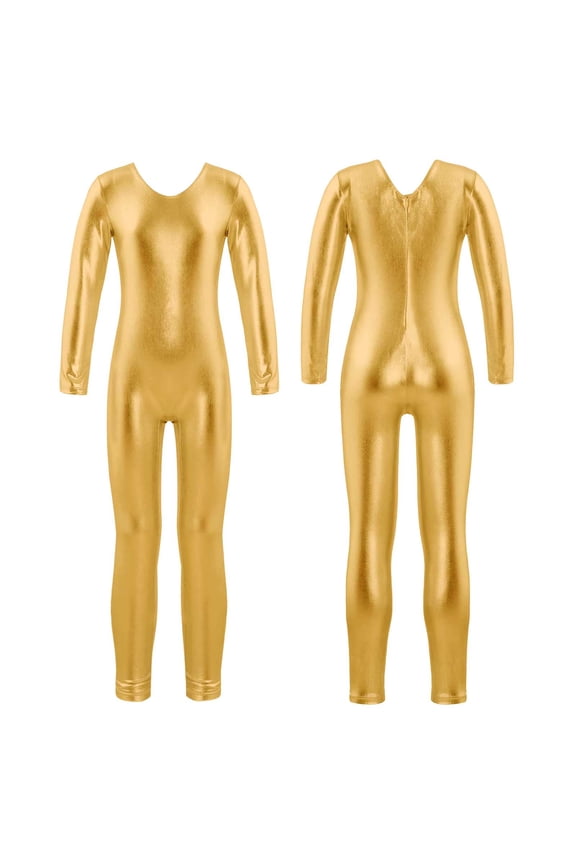 Girls Metallic Ballet Dance Unitard Long Sleeve Zipper Back Gymnastics Leotard Biketard Jumpsuit Tracksuit Gold 4