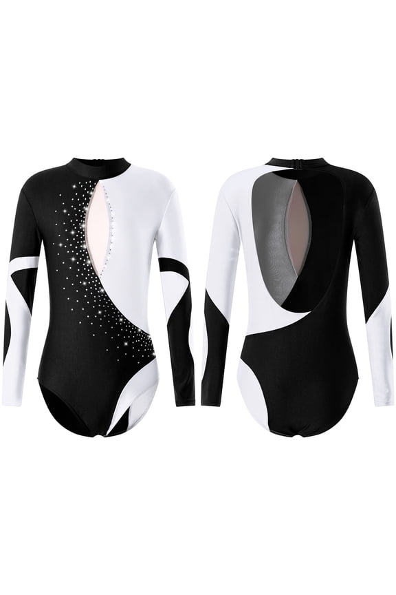 Girls One Piece Sparkle Long Sleeve Metallic Gymnastics Leotards Unitard Athletic Ballet Dance Bodysuit White 8