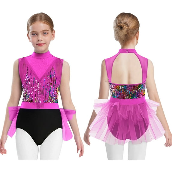 iixpin Girls Salsa Jazz Dress Sleeveless Backless with Shiny Sequins in Color Block Pattern Hip Tassels Dance Jumpsuit Hot Pink 16