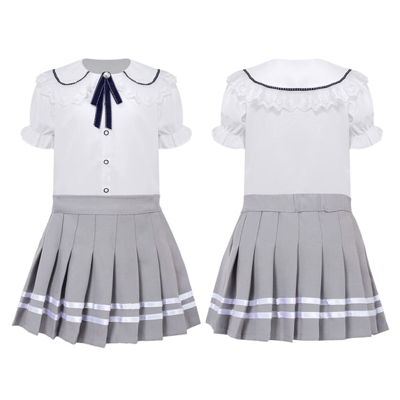 iixpin Girls' School Uniform Pleated Skirt Set Classic Japanese Anime School Girls Sailor Dress Shirts Student Suit Grey 9-10