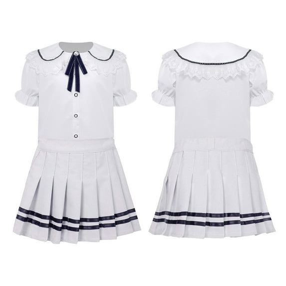 iixpin Girls' School Uniform Pleated Skirt Set Classic Japanese Anime School Girls Sailor Dress Shirts Student Suit White 13-14