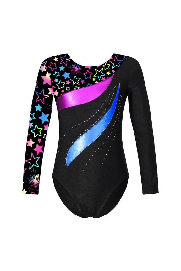 Girls Sequined Gymnastic Leotard Ballet Dance Unitard Biketard Ballerina Dancewear Athletic Tracksuit Bodysuit Star Black 4