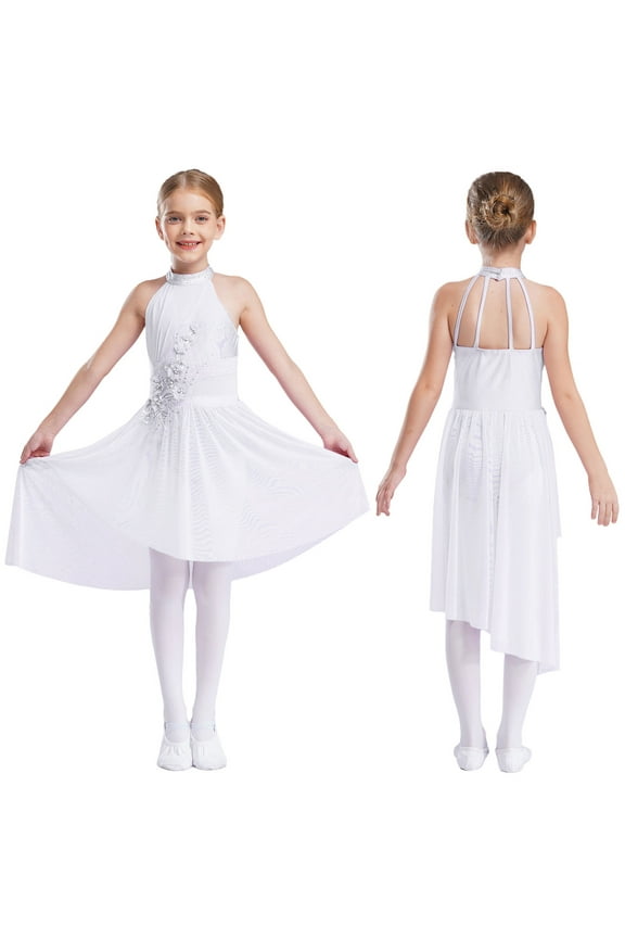 Girls Sequined Latin Jazz Ballroom Dance Dress Lyrical Ballet Dancewear Gymnastics Leotard Ivory 12