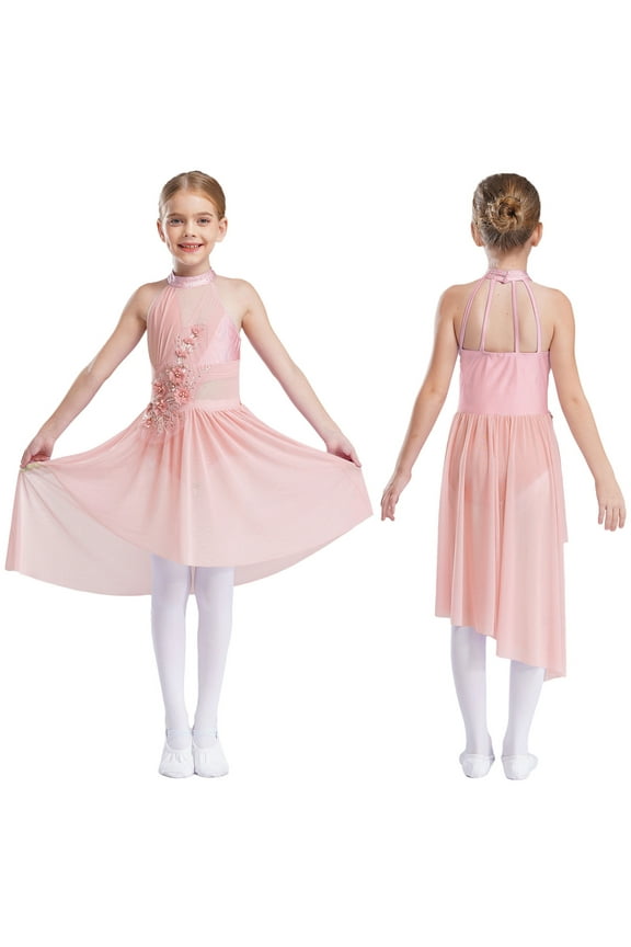 Girls Sequined Latin Jazz Ballroom Dance Dress Lyrical Ballet Dancewear Gymnastics Leotard Pink 16