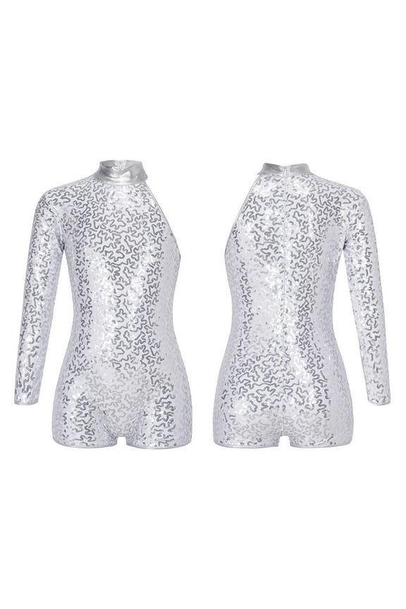 Girls Sequins Dance Unitard Gymnastics Jazz Leotard Dance Costumes Single Long Sleeve Tank Biketard Silver 16