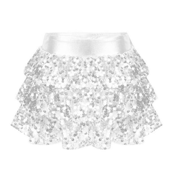 iixpin Girls Sequins Ruffle Dance Skirts Ballet Tutu Skirts Modern Dance Skirted Shorts Performance Skorts Silver 16