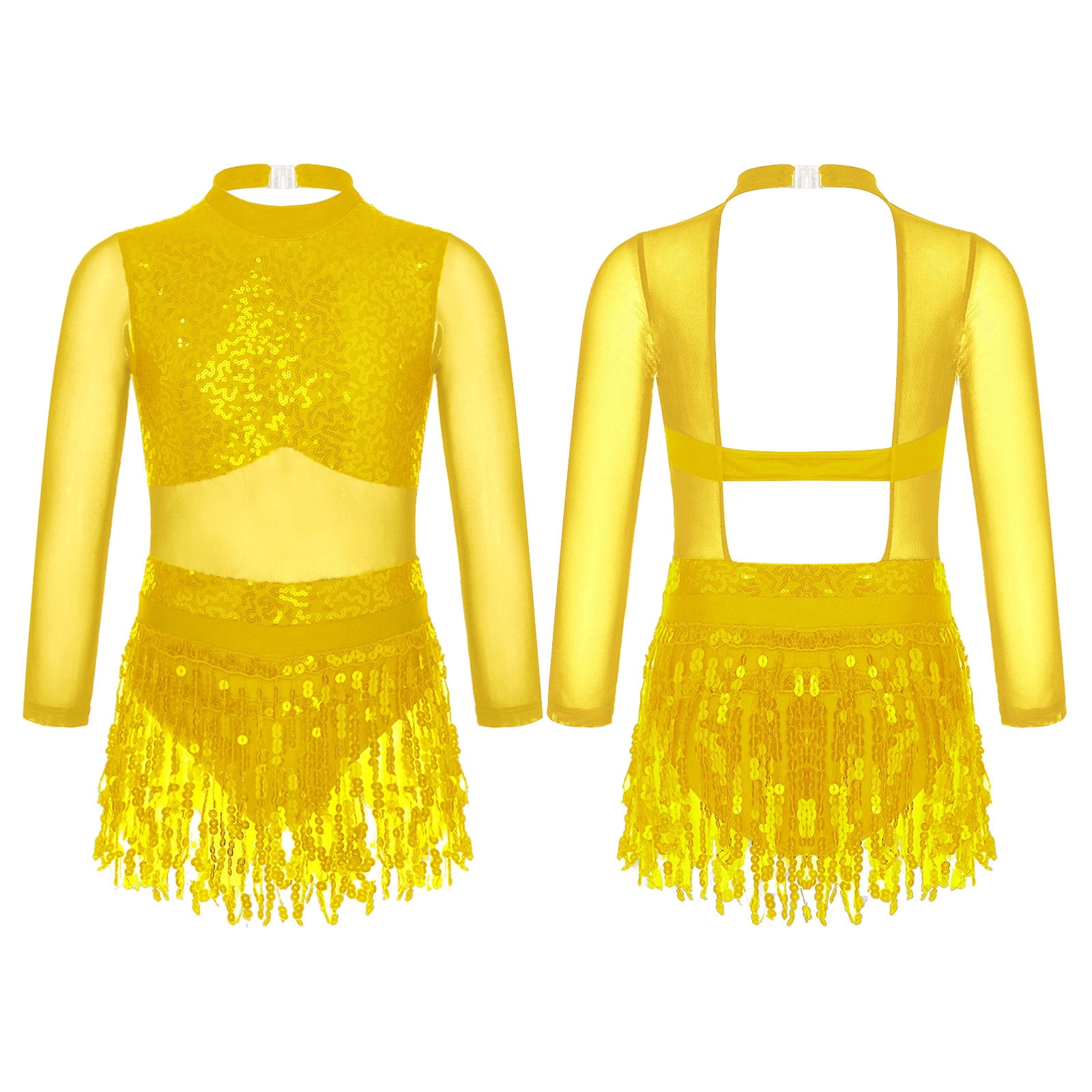 Sequins Tassel Latin Dance Dress for Women's Party Dresses  with Gloves