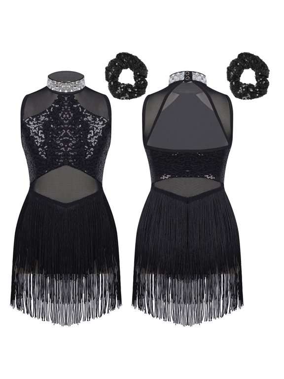 Girls Sequins Tassel Hem Dance Leotard Jazz Latin Tap Dance Dress Costumes Sleeveless Fringe Cocktail Dress Black 12