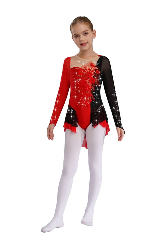 Girls Shiny Rhinestone Figure Ice Skating Dress Color Block Long Sleeve Gymnastics Ballet Skirted Leotard Red 6