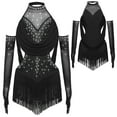 thumbnail image 1 of iixpin Girls Sleeveless Mesh Drapes Tassels Bodysuit for Samba Rumba Latin Rhinestones Dance Dress with Gloves Black 8, 1 of 6