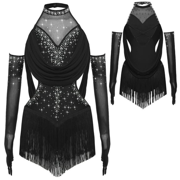 iixpin Girls Sleeveless Mesh Drapes Tassels Bodysuit for Samba Rumba Latin Rhinestones Dance Dress with Gloves Black 8
