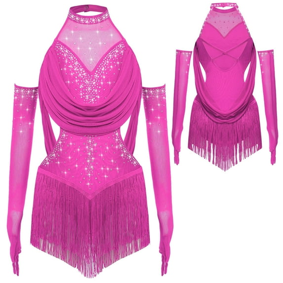 iixpin Girls Sleeveless Mesh Drapes Tassels Bodysuit for Samba Rumba Latin Rhinestones Dance Dress with Gloves Hot Pink 12