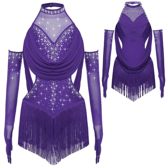iixpin Girls Sleeveless Mesh Drapes Tassels Bodysuit for Samba Rumba Latin Rhinestones Dance Dress with Gloves Purple 8