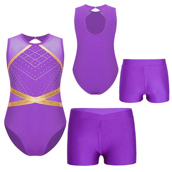iixpin Gymnastics Leotard for Girls 2 Piece Outfits Gymnastics Bodysuit with Shorts Set Tank Unitard Biketard Purple 6