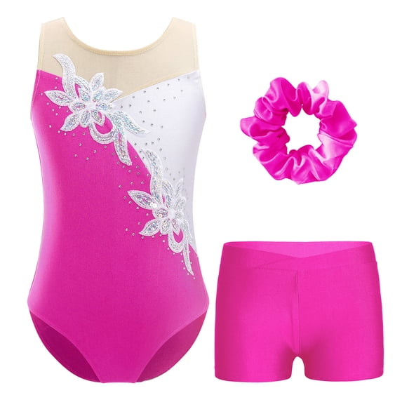 iixpin Gymnastics Leotards for Girls Ballet Dance Bodysuit with Shorts Tumbling Outfit Matching Scrunchies 4-16 Years Rose 6