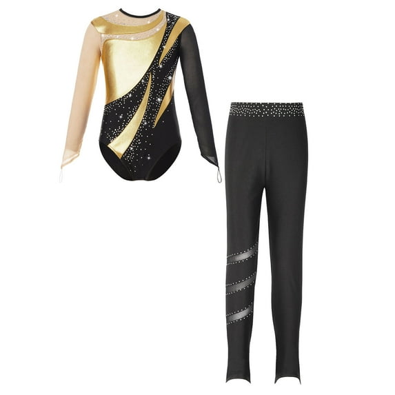iixpin Gymnastics Leotards for Girls Dance Unitards and Leggings Biketards 2 Piece Dance Outfits Full Body Jumpsuit Gold 10