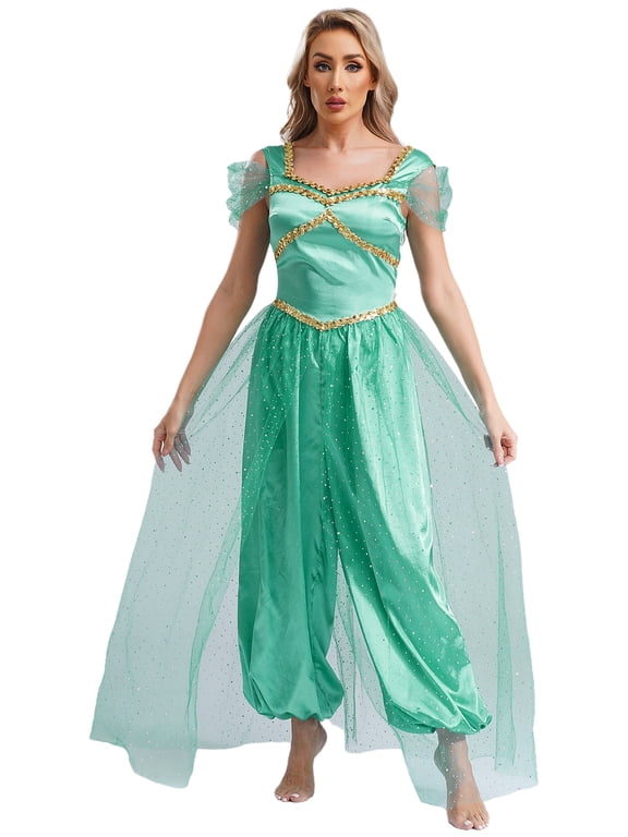 Women's Arabian Princess Sequins Belly Dance Costume Sleeveless Romper Jumpsuit Turquoise L
