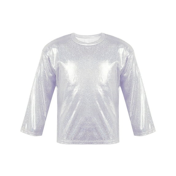 iixpin Kid Girls Shiny Metallic Hip Hop Jazz Dance Top Loose Fit T-Shirt Modern Dance Costume Active Shirt Tee Silver 12-14