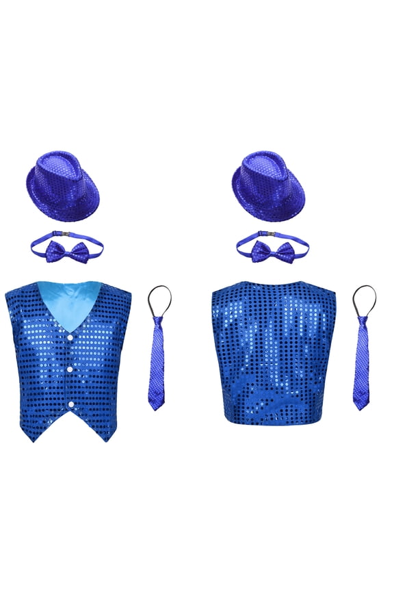 Kids Boys Girls Sequin Jazz Hip Hop Dance Top Jacket Vest Hat Bowtie Necktie Disco Party Performance Costume Blue 8-9