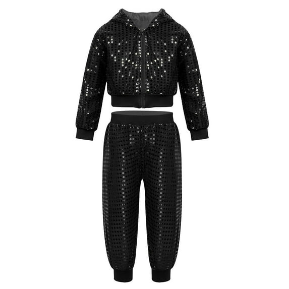 iixpin Kids Boys Girls Sequins Hip-hop Jazz Latin Street Dance Outfits Hooded Tops with Pants 2pcs Set Black 5-6