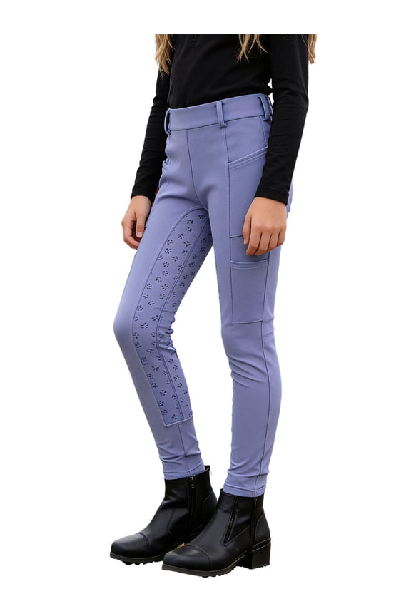 Kids Boys Girls Sports Riding Pants Anti-slip Full Seat Equestrian Breeches Leggings with Multiple Pockets Purplish Blue 4