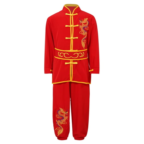 iixpin Kids Boys Girls Tai Chi Outfits Dragon Embroidery Chinese Kung Fu Suit Martial Arts Performance Costume Red 11-12