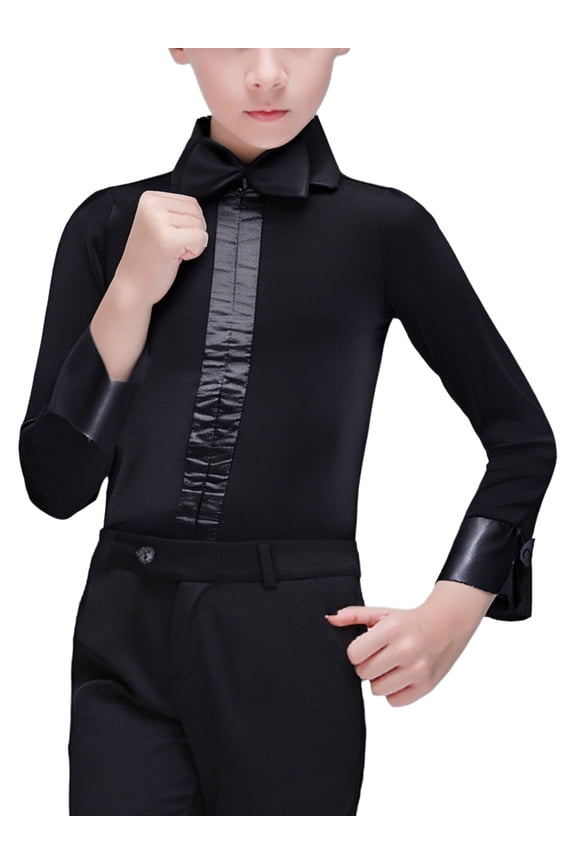 Kids Boys Latin Ballroom Dance Leotard Shirt Long Sleeve Bodysuit with Bow Tie Modern Salsa Tango Dancwear Black 150
