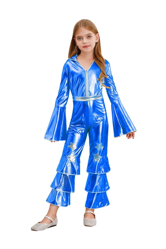 Kids Girl Glossy Metallic Flared Long Jumpsuit Retro 70s Disco Fox Stage Performance Overalls Royal Blue 14