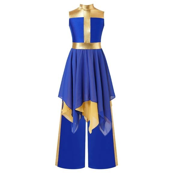 iixpin Kids Girls 2 Pcs Praise Dance Outfit Asymmetric Worship Dress Top with Wide-Leg Pants Liturgical Dancewear Royal Blue 16