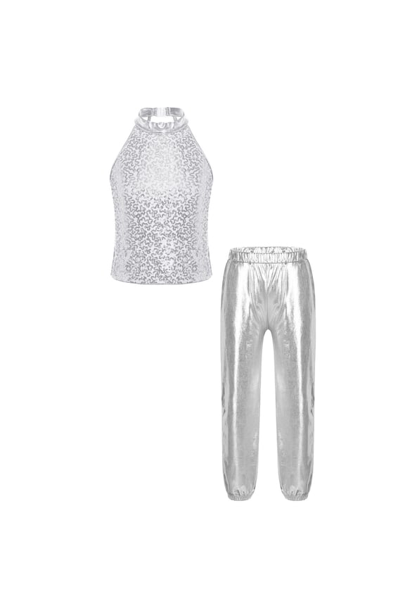 Kids Girls 2 Piece Dance Tracksuit Sequin Tops with Metallic Pants Set for Hip Hop Jazz Performance Silver 10