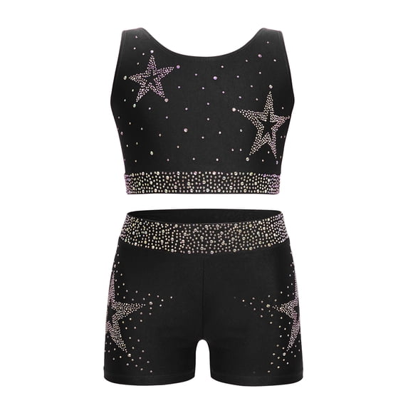 iixpin Kids Girls 2 Piece Gymnastics Dance Outfits Shiny Rhinestones Crop Top with Shorts Set Dancewear Black 16