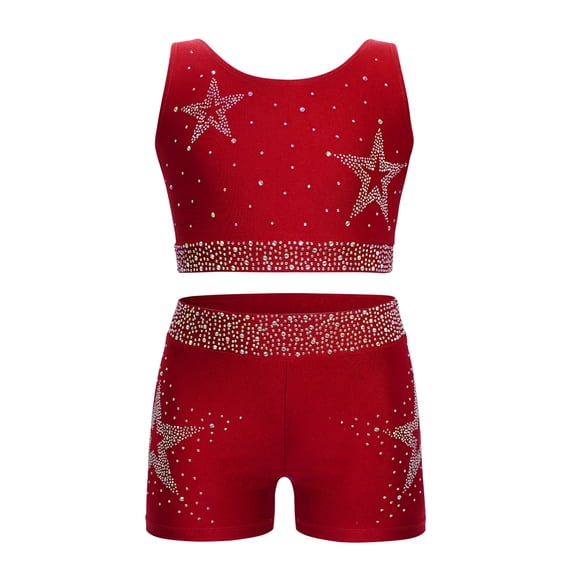iixpin Kids Girls 2 Piece Gymnastics Dance Outfits Shiny Rhinestones Crop Top with Shorts Set Dancewear Burgundy 10