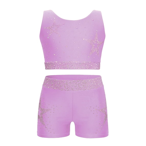 iixpin Kids Girls 2 Piece Gymnastics Dance Outfits Shiny Rhinestones Crop Top with Shorts Set Dancewear Light Purple 12