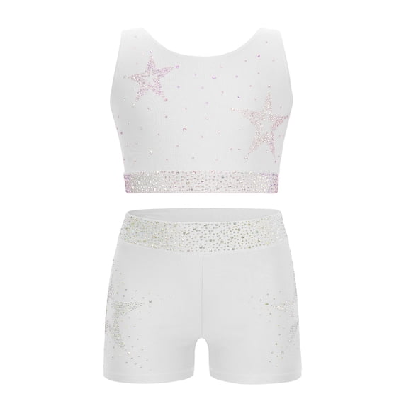 iixpin Kids Girls 2 Piece Gymnastics Dance Outfits Shiny Rhinestones Crop Top with Shorts Set Dancewear White 16