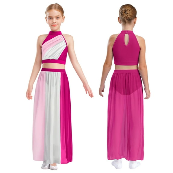 iixpin Kids Girls 2-Piece Modern Lyrical Dance Outfit Sleeveless Crop Top with Flowy Skirt Dancewear Hot Pink 16