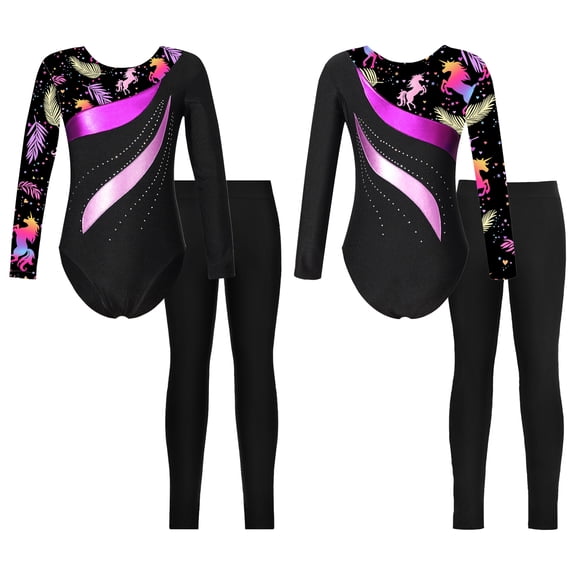 iixpin Kids Girls Ballet Dance Biketard Long Sleeve Gymnastic Leotard Skating Jumpsuit Bodysuit with Leggings Set Leaves 6
