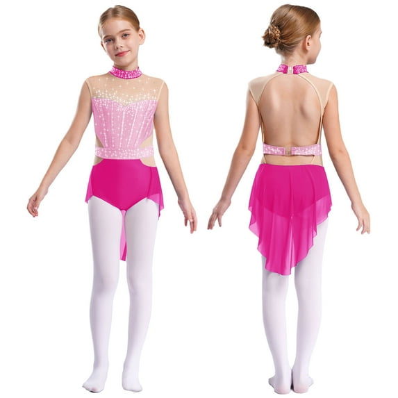 iixpin Kids Girls Ballet Dance Leotard Skirted Costume Mock Neck Ice Figure Skating Bodysuit Dancewear Pink&Hot Pink 12