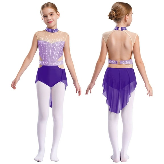 iixpin Kids Girls Ballet Dance Leotard Skirted Costume Mock Neck Ice Figure Skating Bodysuit Dancewear Purple 6