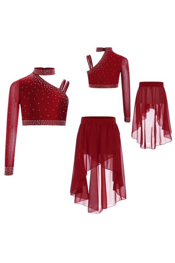 Kids Girls Ballet Gymnastics Leotard Lyrical Dance Outfits Jazz Latin Stage Performance Dresses Burgundy 6