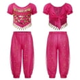 thumbnail image 1 of iixpin Kids Girls Belly Dance Costume Arabian Princess Dress Up Outfit Crop Top with Bloomers Trousers Set Hot Pink 2Pcs/Set 6-8, 1 of 7