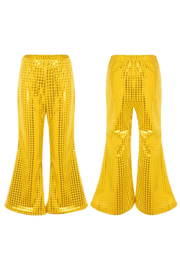 Kids Girls Boys Sequin Hip Hop Jazz Dance Pants Bell Bottom Flare Pants Stage Performance Disco Costume Gold 9-10