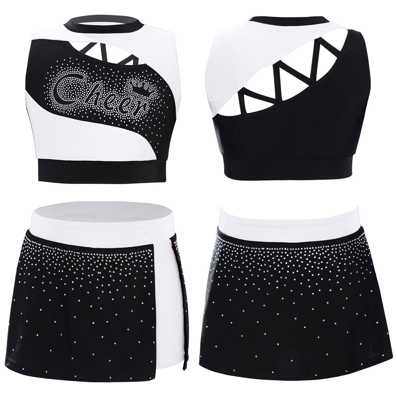 iixpin Kids Girls Cheerleading Outfits Rhinestones Crop Top with Skirt ...